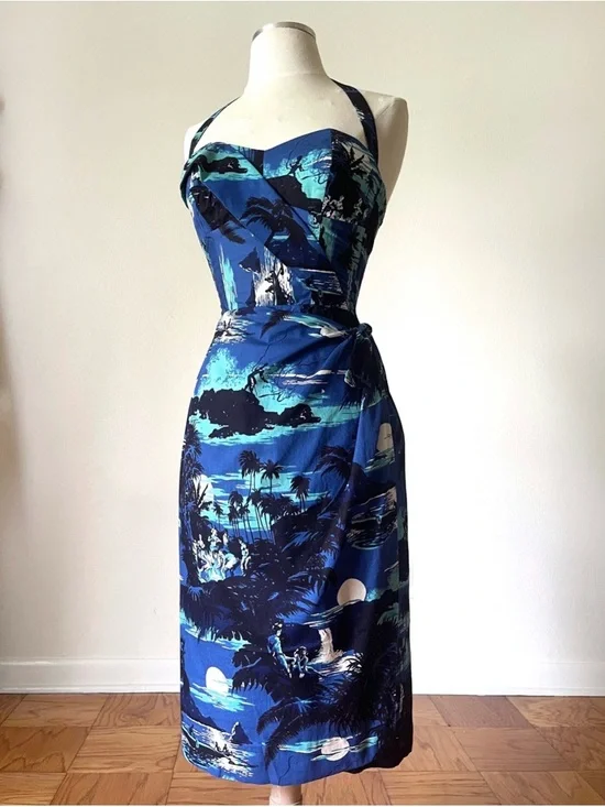 Rare Vtg 1950s Alfred Shaheen blue Hawaii island scene sweetheart wrap dress XS - Picture 2 of 16
